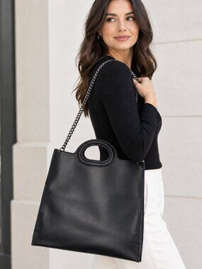 NWT Falor Italy Black Leather Tote Bag with chain strap